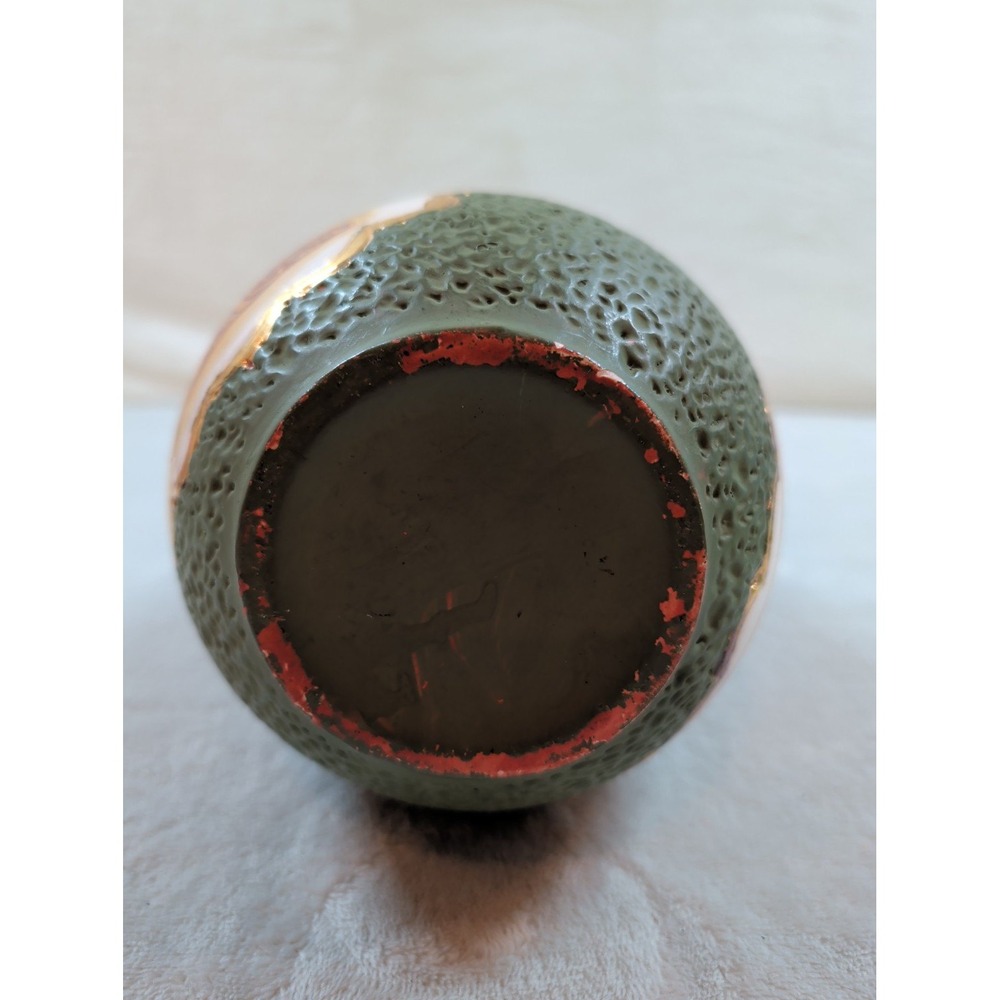 Vintage Japanese Satsuma Style Textured Green Lava Glaze Gilt Porcelain Vase - Picture 9 of 12